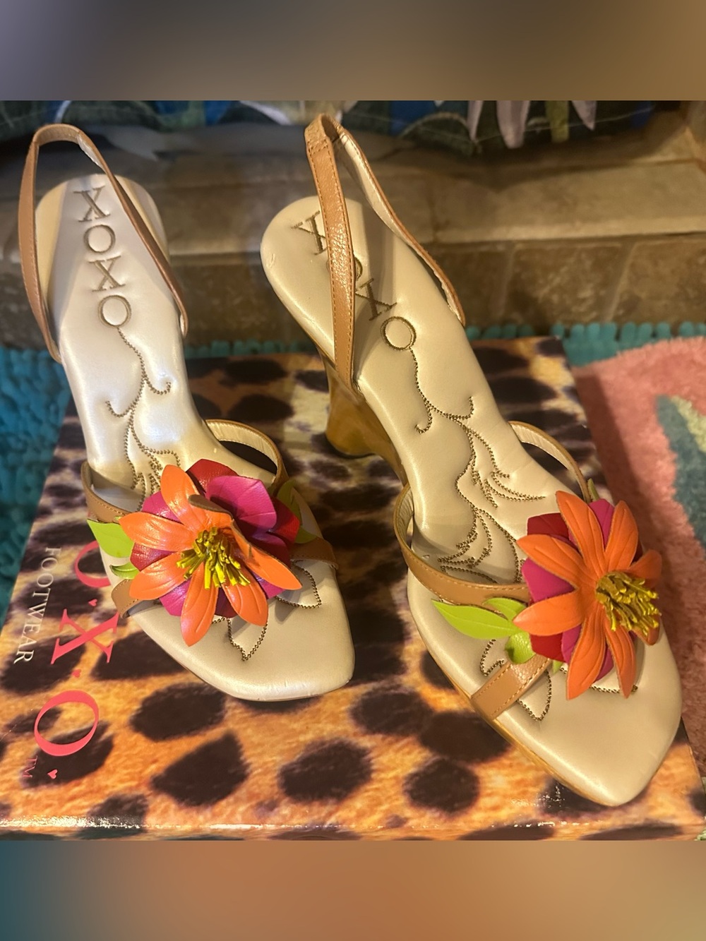 New with Box - XOXO Tan Slingback Heels with Orange-Pink Floral Accent